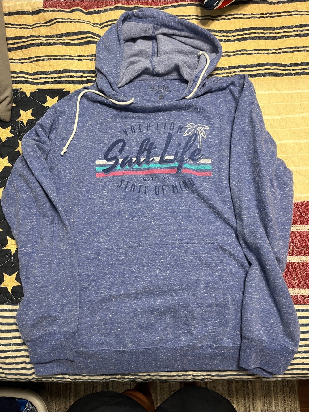 Salt Life Heather Blue Pullover Hoodie with Retro Stripe Logo